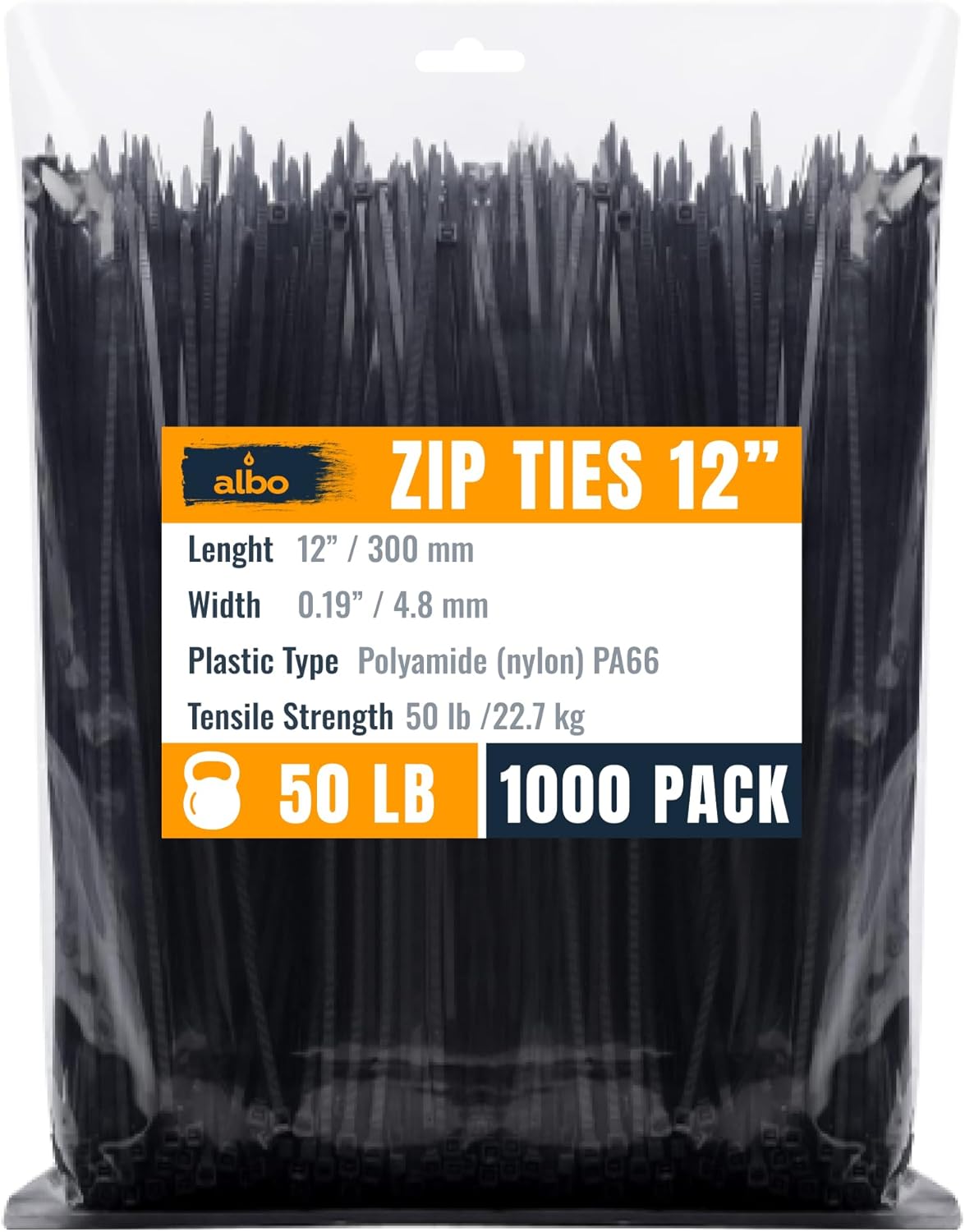 ALBO Zip Ties Black 12 Inch 1000 Pack 50lb