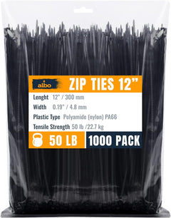 ALBO Zip Ties Black 12 Inch 1000 Pack 50lb