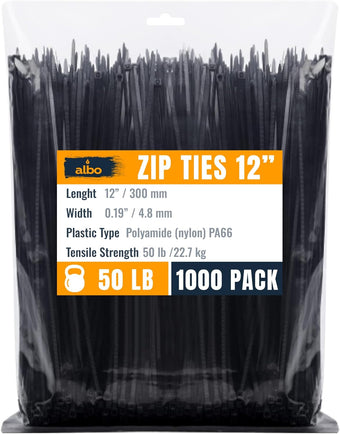 compare product ALBO Zip Ties Black 12 Inch 1000 Pack 50lb