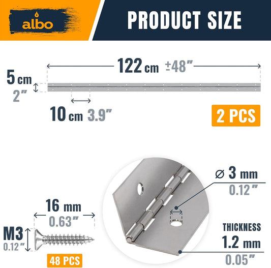Albo Piano Hinge 48 Inch Silver Heavy Duty (2-Pack)