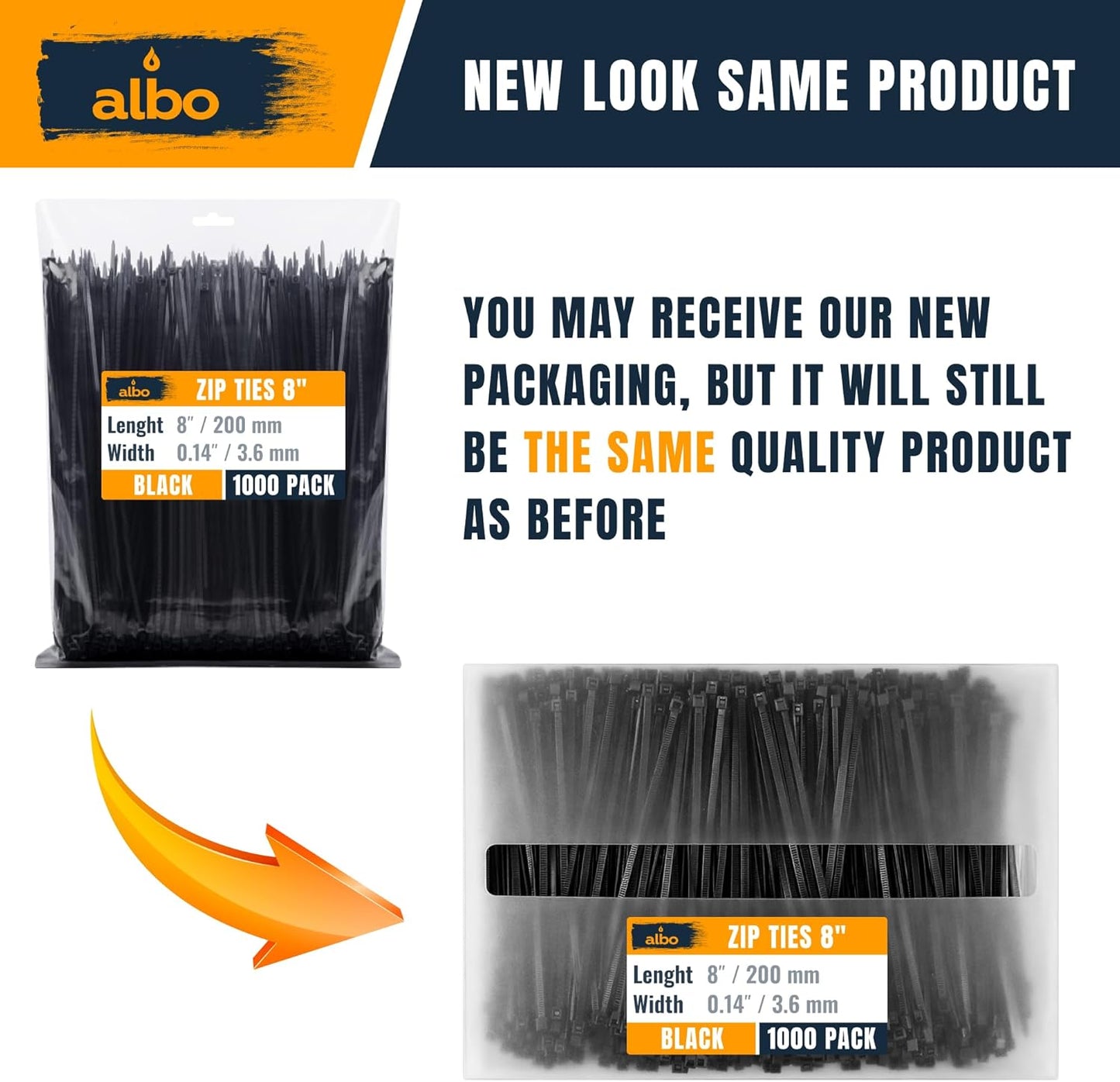ALBO Zip Ties Black 8 Inch 40 lb 1000 Pack