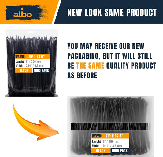 ALBO Zip Ties Black 8 Inch 40 lb 1000 Pack