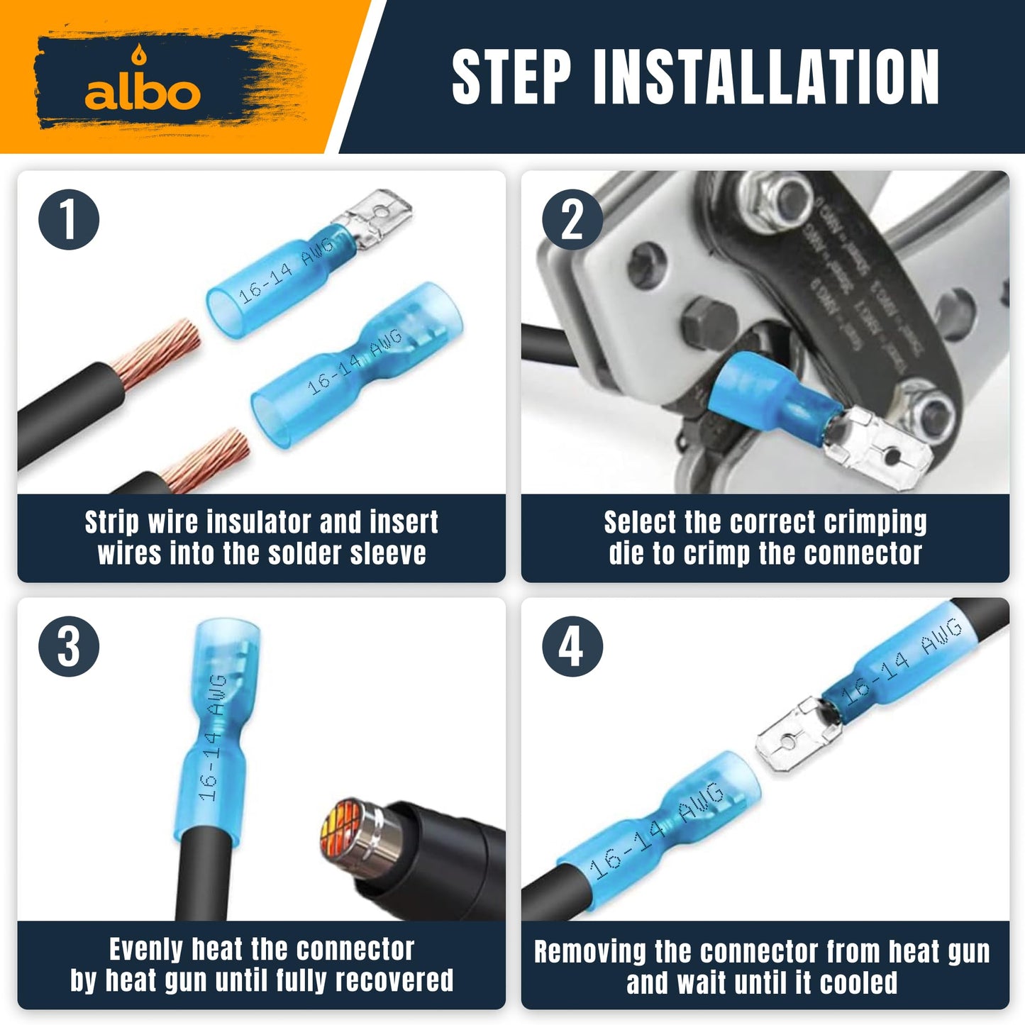 ALBO 200PCS Heat Shrink Female Spade Connectors Kit – AWG 12–10 Yellow Waterproof Electrical Terminals, Fully Insulated Female Wire Spade Connectors for Marine, and Heavy-Duty Wiring Projects