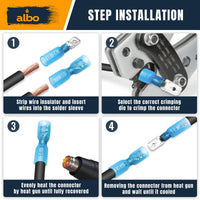 ALBO 200PCS Heat Shrink Female Spade Connectors Kit – AWG 12–10 Yellow Waterproof Electrical Terminals, Fully Insulated Female Wire Spade Connectors for Marine, and Heavy-Duty Wiring Projects