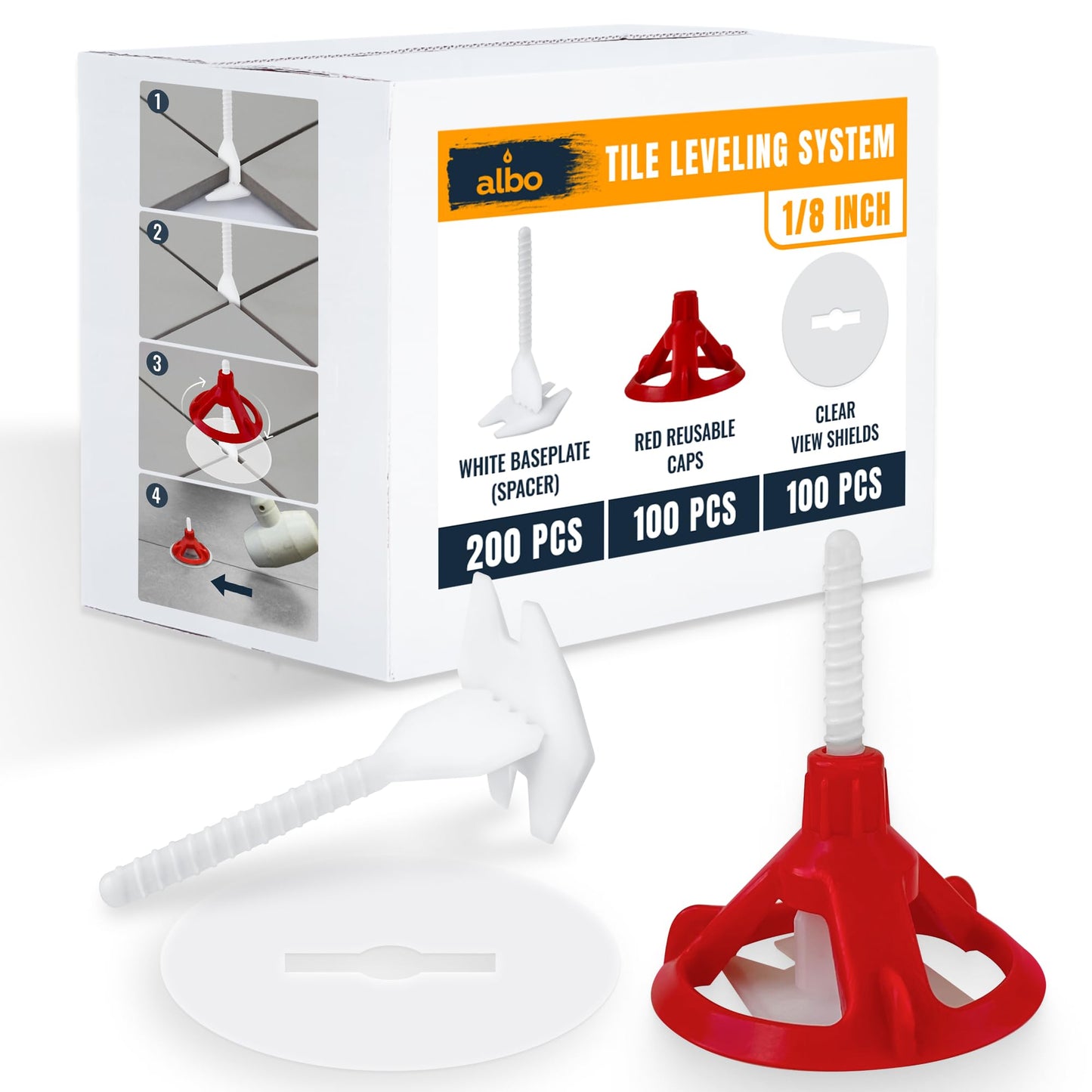 ALBO Tile Leveling System Set 1/8 inch - 200 PCS - Professional Floor & Wall Spacer Kit with Reusable Caps & Protection Plates - Anti-Lippage Installation Tools for Large and Small Tile Formats