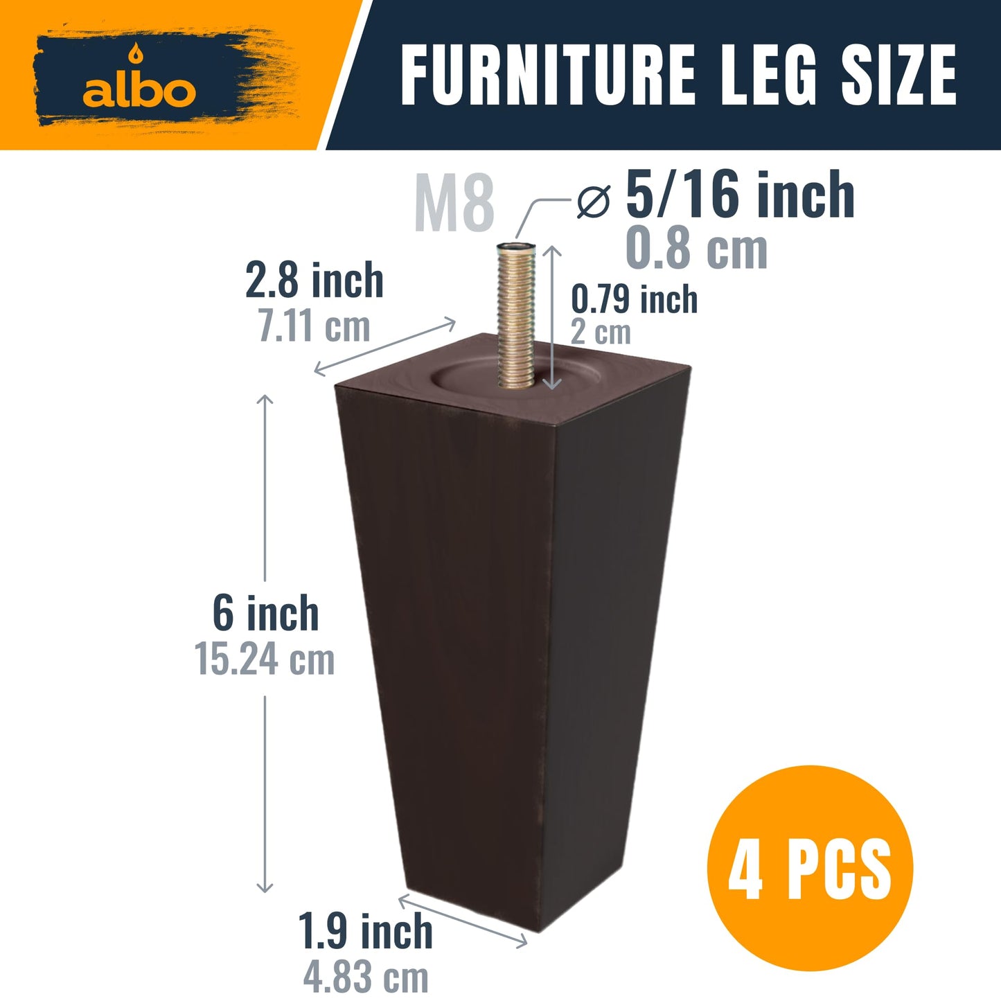 Albo Wood Furniture Legs 6 inch, Heavy Duty Sofa Legs, Pack of 4 Square Brown Couch Legs, Sofa Replacement Parts, for Dresser Legs, Sideboard, Recliner Couch, Circle Chair Couch Riser Coffee Table