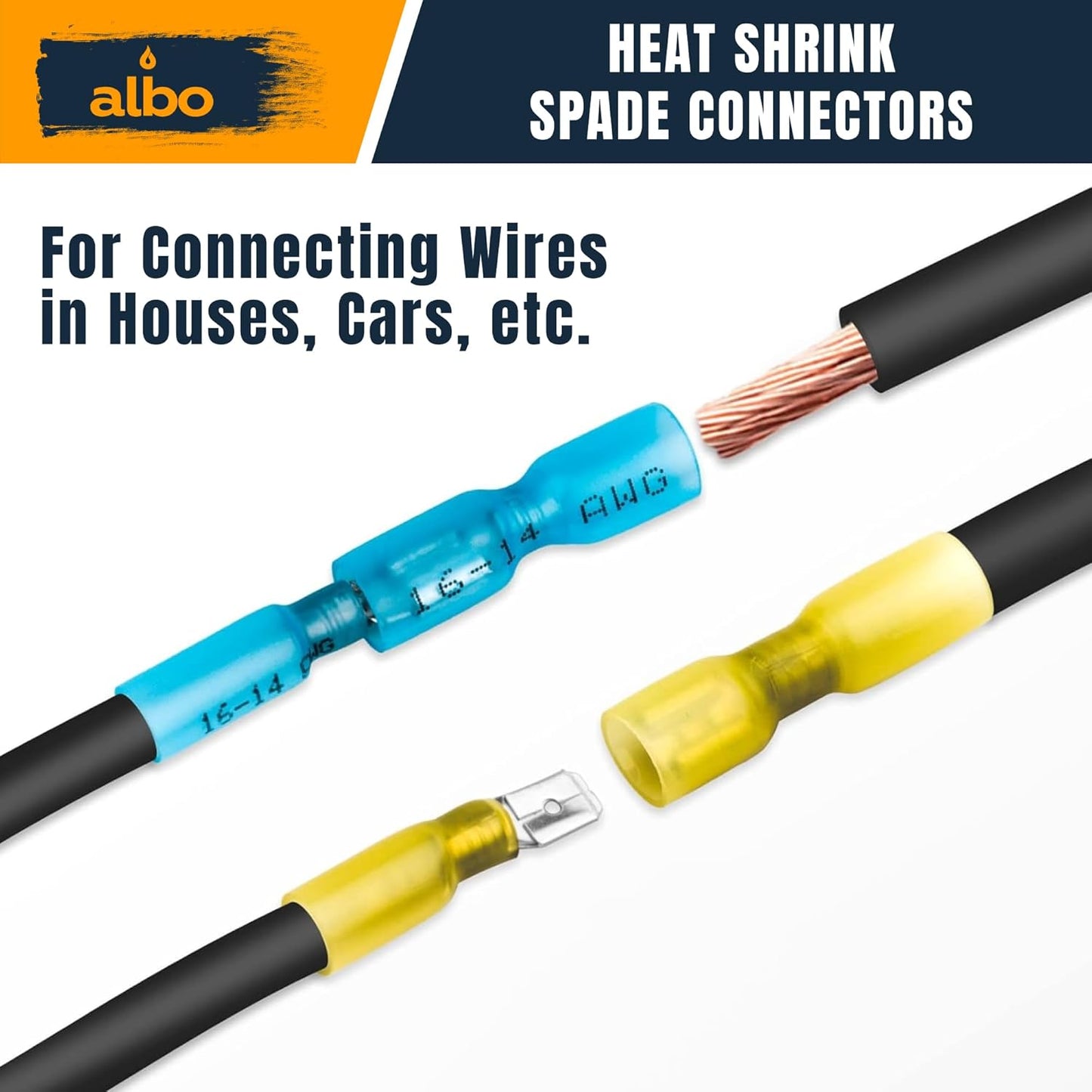 ALBO Heat Shrink Female Spade Connectors Kit AWG 12–10 Yellow 200pcs