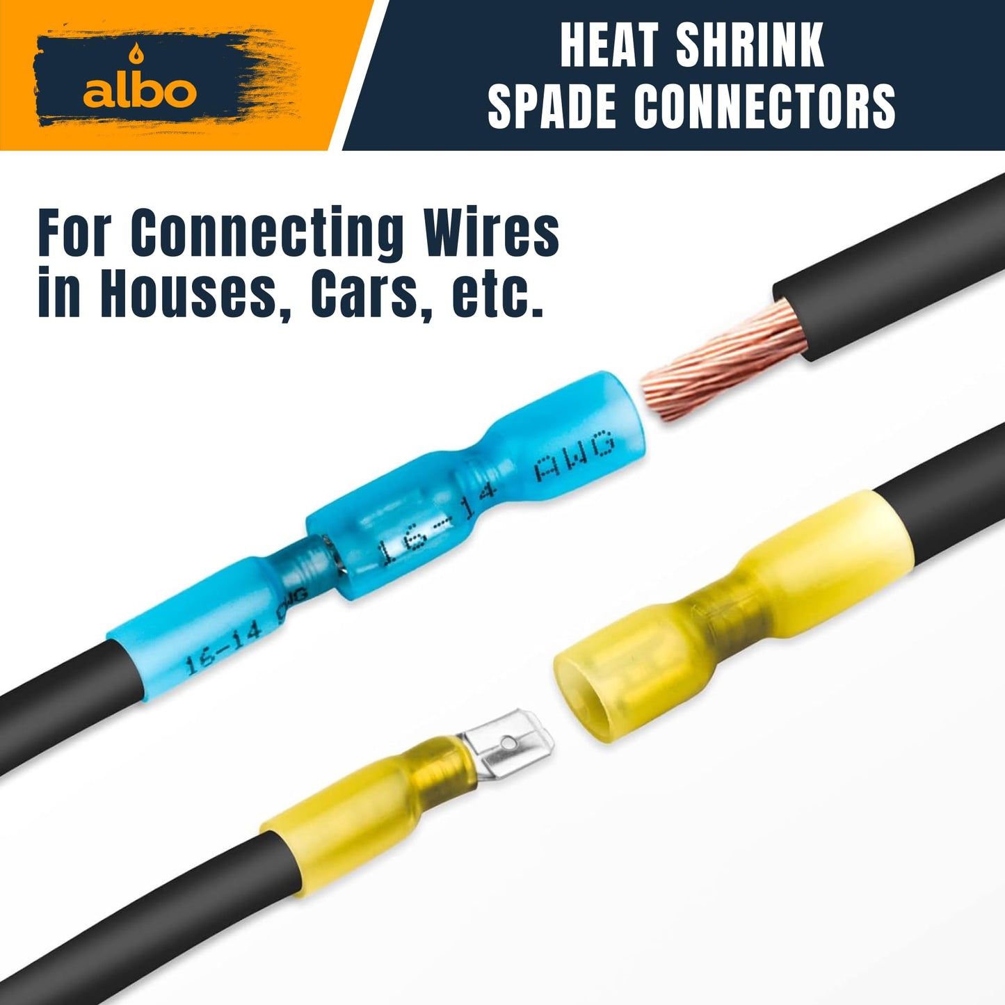 ALBO 200PCS Heat Shrink Female Spade Connectors Kit – AWG 12–10 Yellow Waterproof Electrical Terminals, Fully Insulated Female Wire Spade Connectors for Marine, and Heavy-Duty Wiring Projects