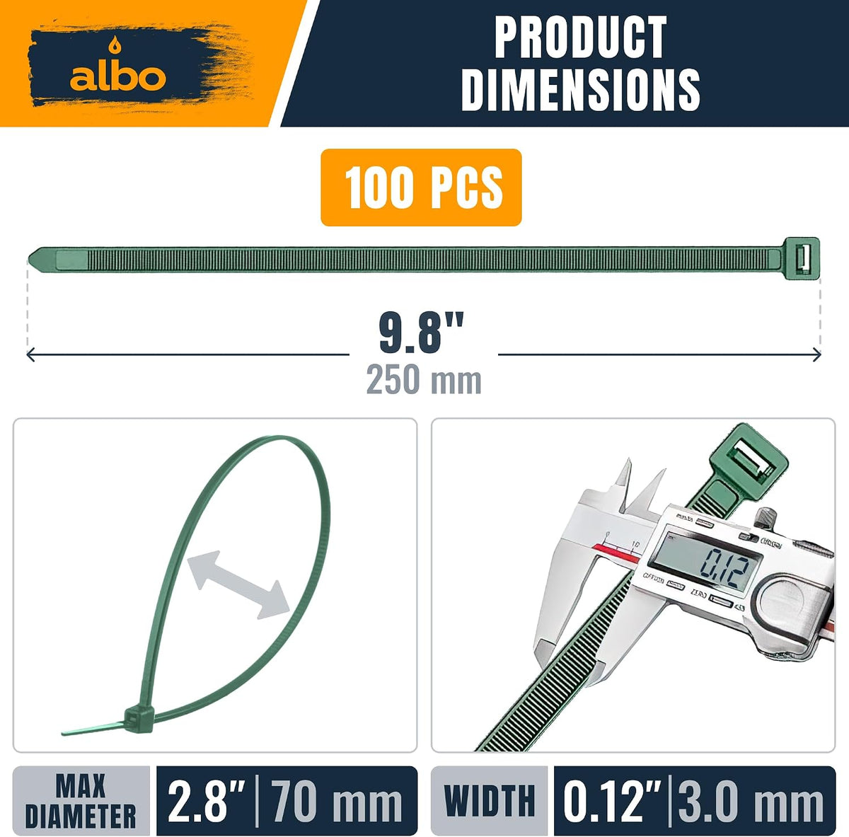 ALBO 100 Pcs. Green Zip Ties, 10 Inch, UV-Resistant Nylon Cable Ties for Indoor/Outdoor Use