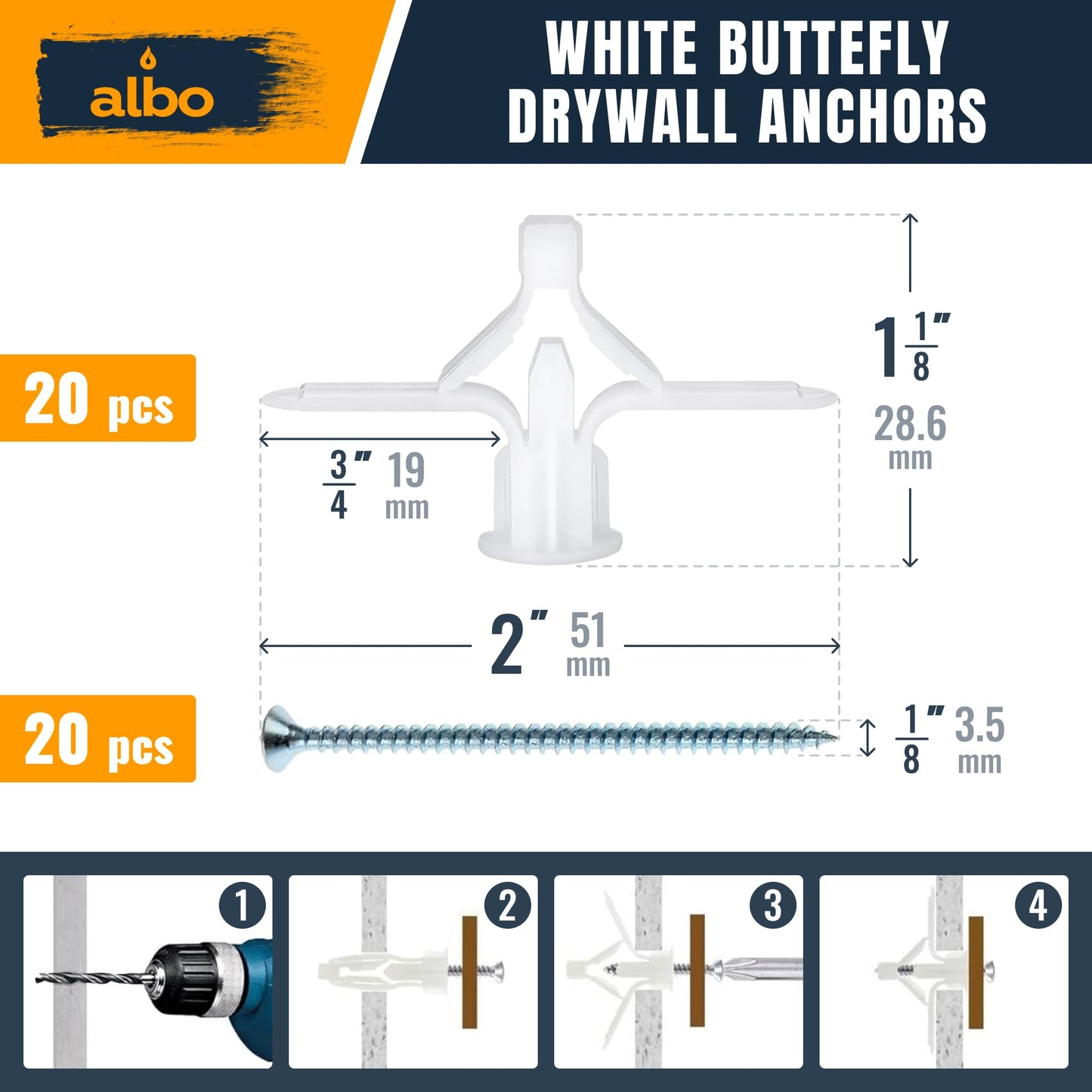 ALBO Drywall Anchor Kit with Screws - 120 Pcs Hollow Wall Set (Grey Butterfly, White Butterfly, Self Drilling, Screws) - Plastic Anchors for Drilling Hollow Walls