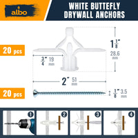ALBO Drywall Anchor Kit with Screws - 120 Pcs Hollow Wall Set (Grey Butterfly, White Butterfly, Self Drilling, Screws) - Plastic Anchors for Drilling Hollow Walls