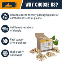 ALBO Wooden Dowel Pins Assorted Sizes 1/4–1/2 inch 100pcs