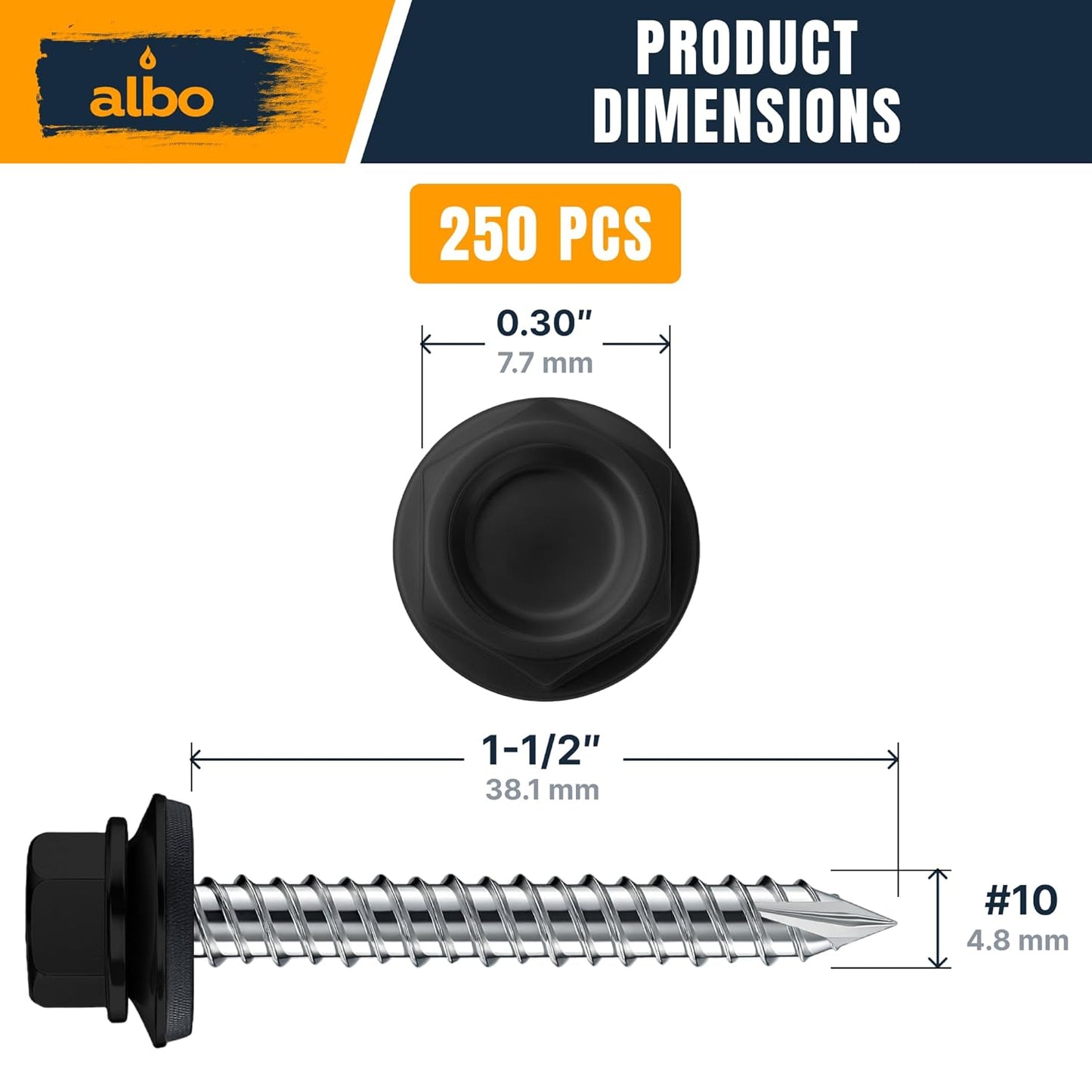 ALBO Black Metal Roofing Screws #10 x 1-1/2 Inch