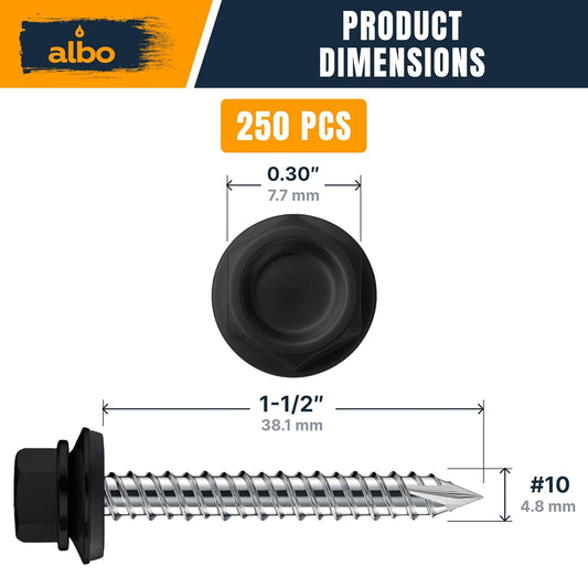 ALBO Black Metal Roofing Screws #10 x 1-1/2 Inch