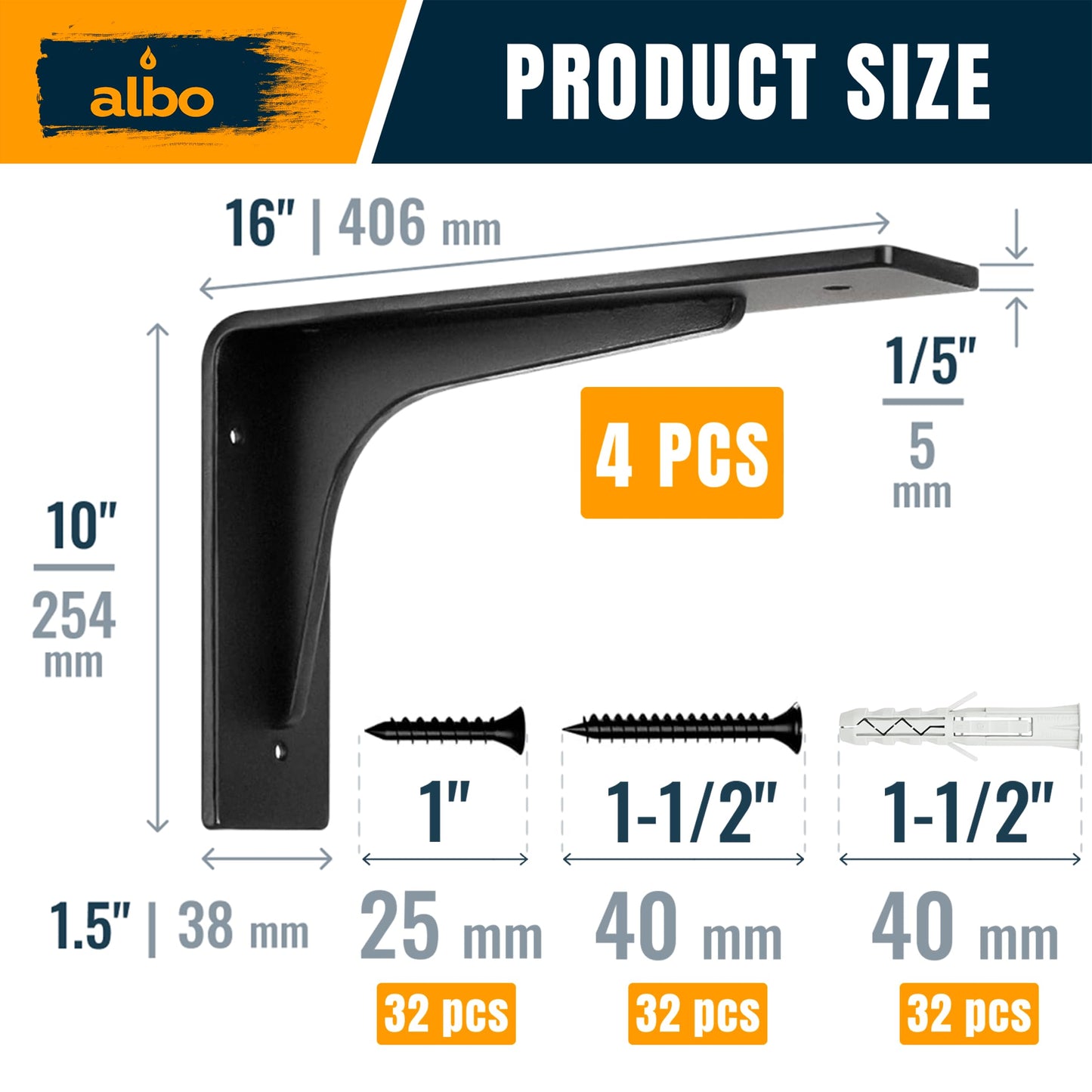 ALBO 16" Heavy Duty Countertop Support Brackets 4PCS for Quartz Granite Wood Concrete
