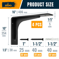 ALBO 16" Heavy Duty Countertop Support Brackets 4PCS for Quartz Granite Wood Concrete