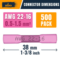 ALBO Heat Shrink Butt Connectors 22-16 AWG (500pcs) - Insulated Crimp Wire Splice Terminals Assortment Kit for Automotive, Marine Electrical Wiring Projects | Copper Connectors for 0.5-1.5mm²