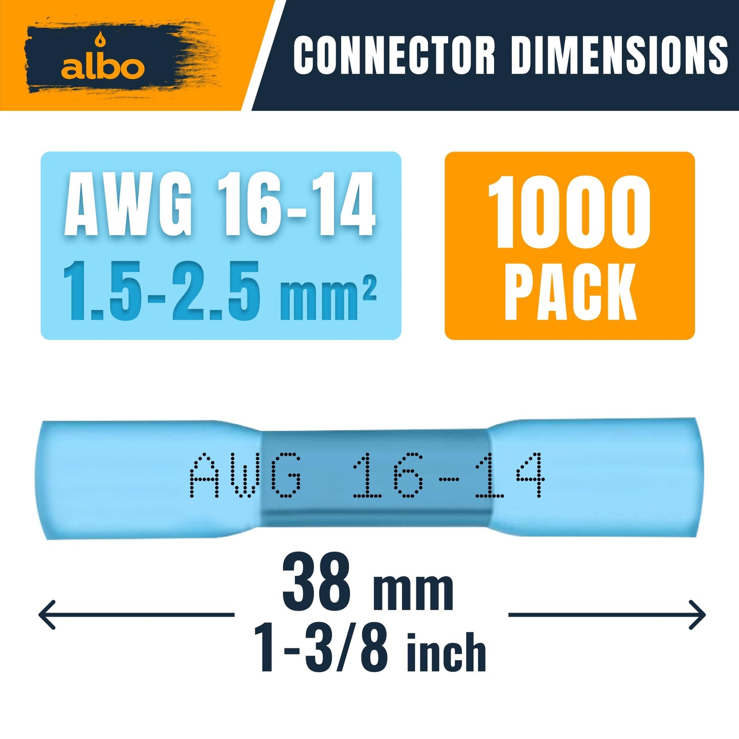 ALBO Heat Shrink Butt Connectors 16-14 AWG (1000pcs) - Insulated Crimp Electrical Wire Terminals for Automotive, Marine Wiring Projects | Copper Crimp Connectors for 1.5-2.5mm² Wire Gauge