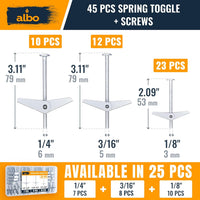ALBO Heavy Duty Metal Drywall Anchors Toggle Bolts Kit (1/8in, 3/16in, 1/4in) 45pcs