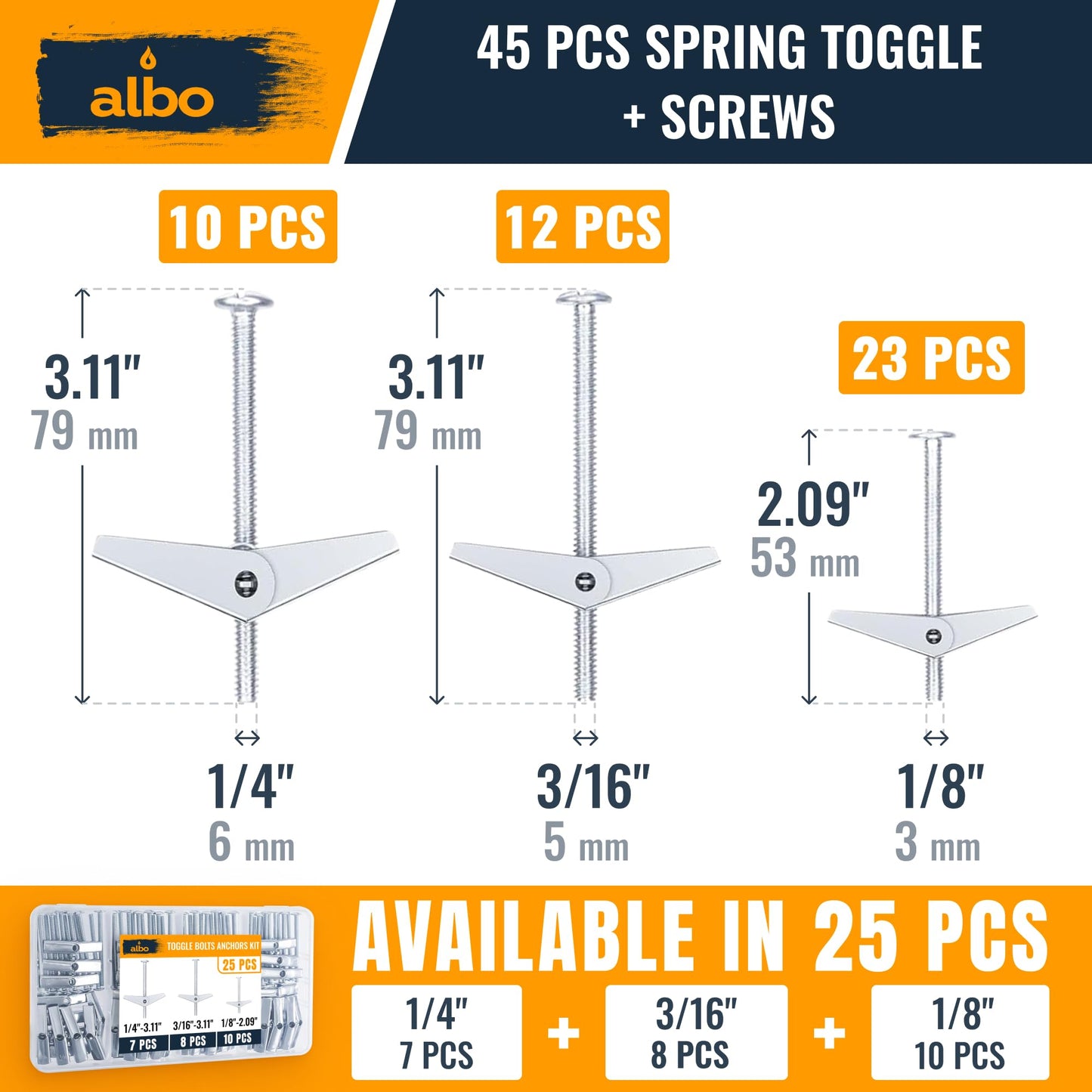 ALBO 45-Piece Heavy Duty Hollow Wall Anchors Kit for Drywall Ceilings with Screw Spring/Includes Toggle Bolts and Wing Nut Assortment in 3 Sizes (1/8in, 3/16in, 1/4in)