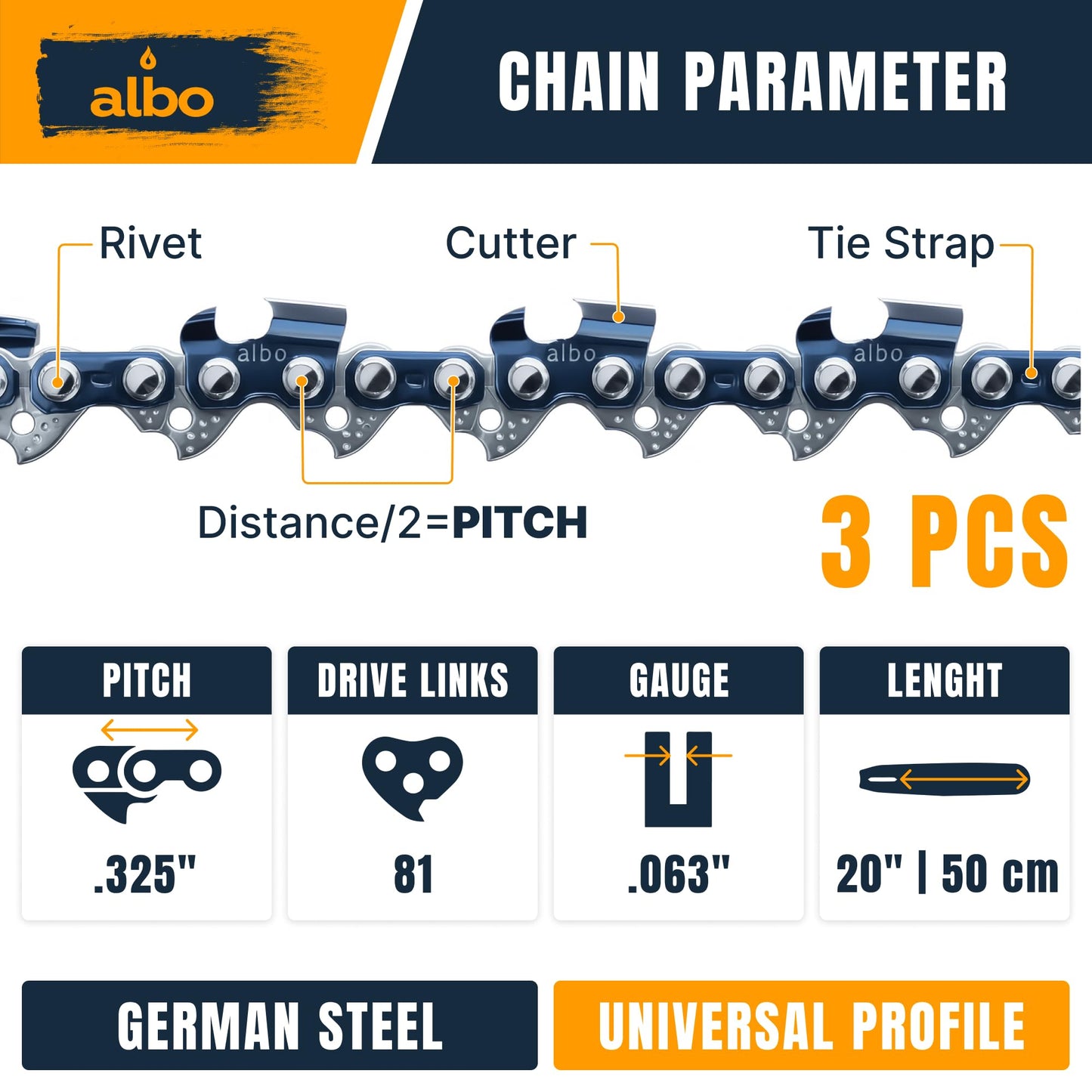 ALBO 20 Inch Chainsaw Chain, .325" Pitch .063" Gauge 81DL, 3 Pack � Full Chisel Chrome-Plated Cutters, CE Certified, Fast-Cut Loop Compatible with Stihl MS261 MS271 MS291 Pre-2023 .063 Bar