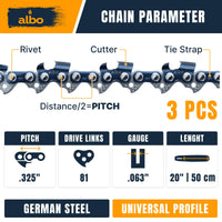 ALBO 20 Inch Chainsaw Chain, .325" Pitch .063" Gauge 81DL, 3 Pack � Full Chisel Chrome-Plated Cutters, CE Certified, Fast-Cut Loop Compatible with Stihl MS261 MS271 MS291 Pre-2023 .063 Bar