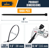 ALBO Heavy Duty Zip Ties 6 inch Black 1000 Pack 40lb