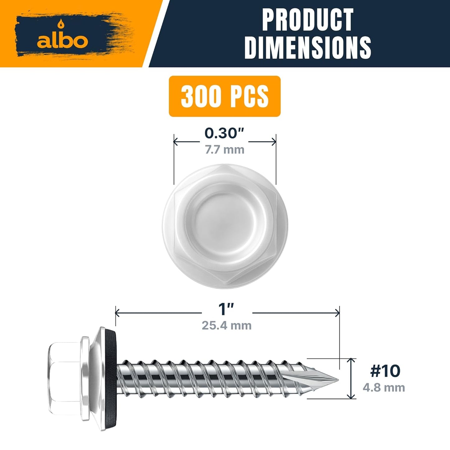 ALBO #10 x 1 inch Carbon Steel White Metal Roofing Screws 300pcs