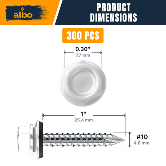 ALBO #10 x 1 inch Carbon Steel White Metal Roofing Screws 300pcs