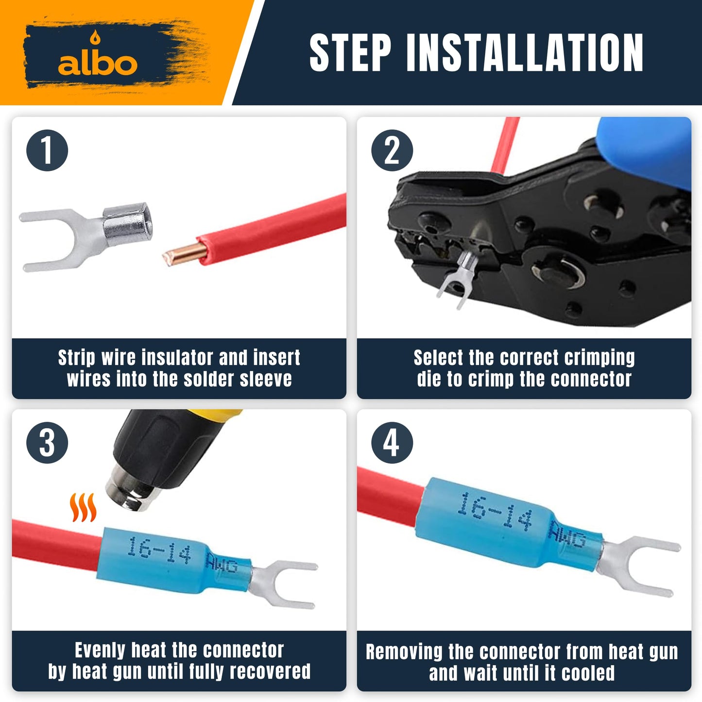 ALBO 12-10 AWG Heat Shrink Fork Connectors #10 Stud – 100 Pack Yellow Waterproof Electrical Spade Terminals, Tinned Copper Crimp Wire Connectors for Automotive, Marine & Battery Wiring