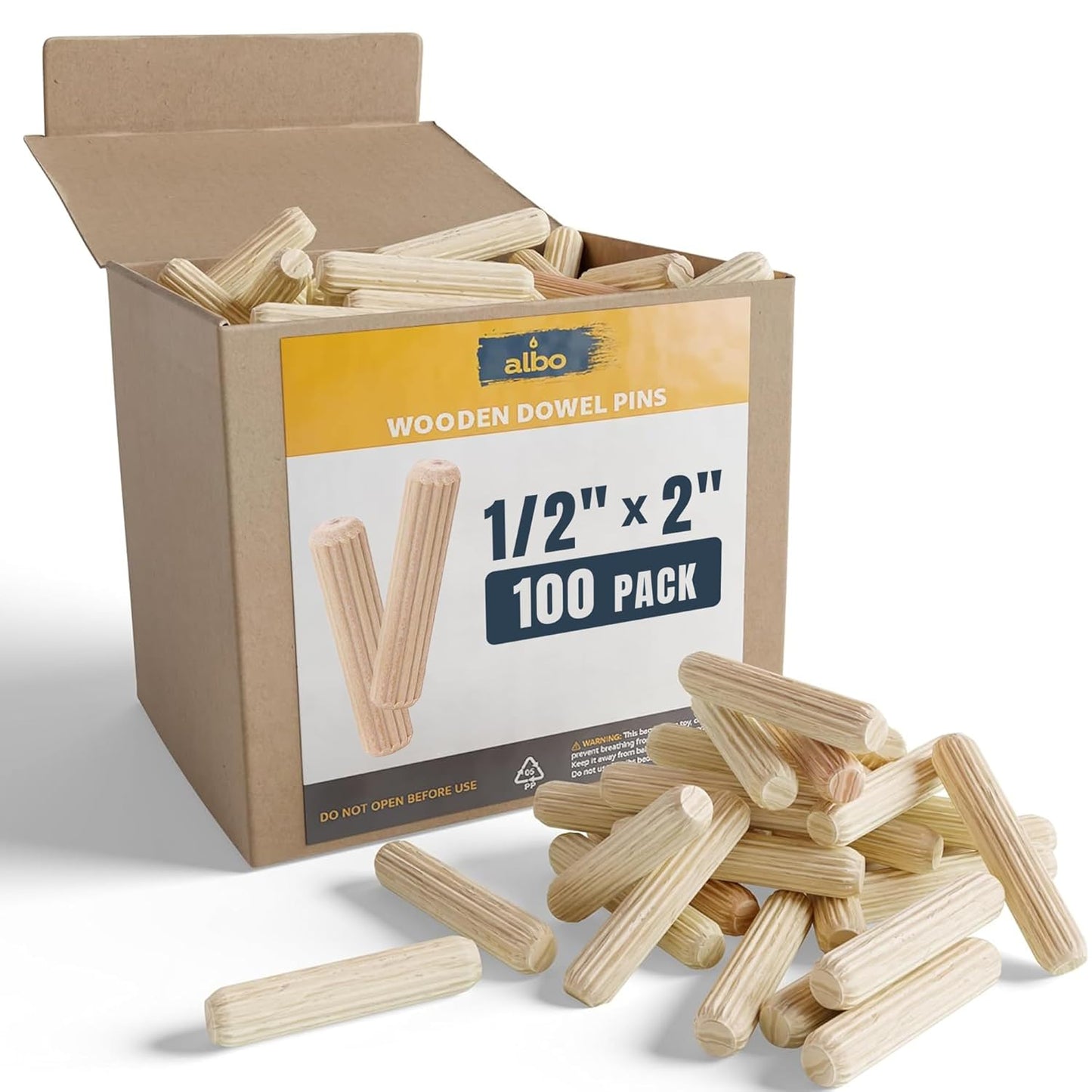 ALBO Wooden Dowel Pins 3/8 x 1 1/2 inch Fluted Birch Wood 150 pcs