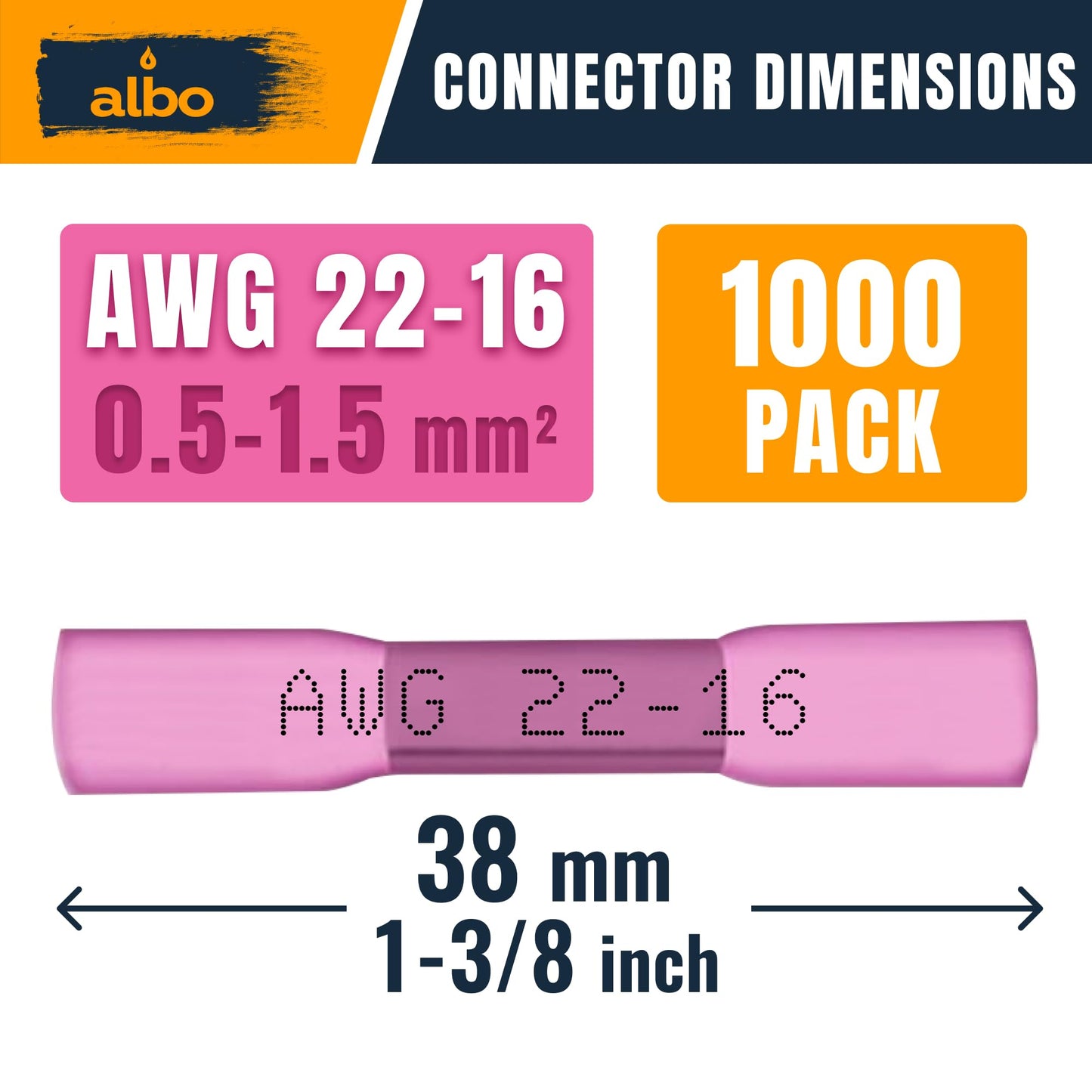 ALBO Heat Shrink Butt Connectors 22-16 AWG (1000pcs) - Red Insulated Crimp Wire Splice Terminals for Automotive, Marine Electrical Wiring Projects | Copper Connectors for 0.5-1.5mm² Wire Gauge