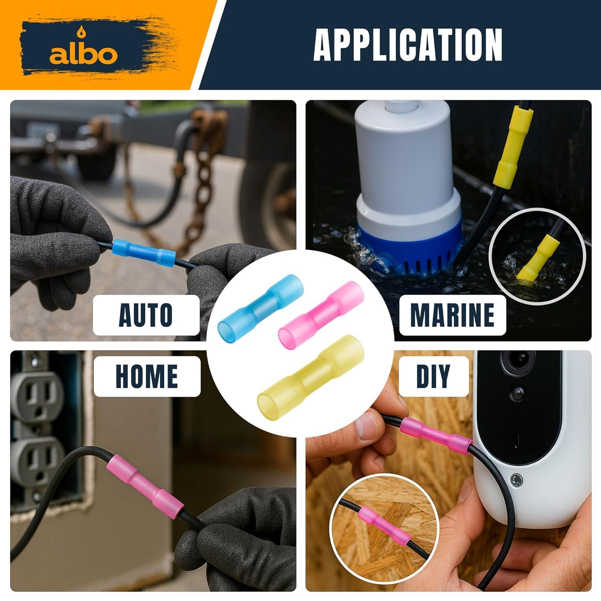 ALBO Heat Shrink Butt Connectors - Insulated Copper Crimp Wire Splice Terminals for Automotive, Marine & Home Electrical Wiring Projects (Custom Style)