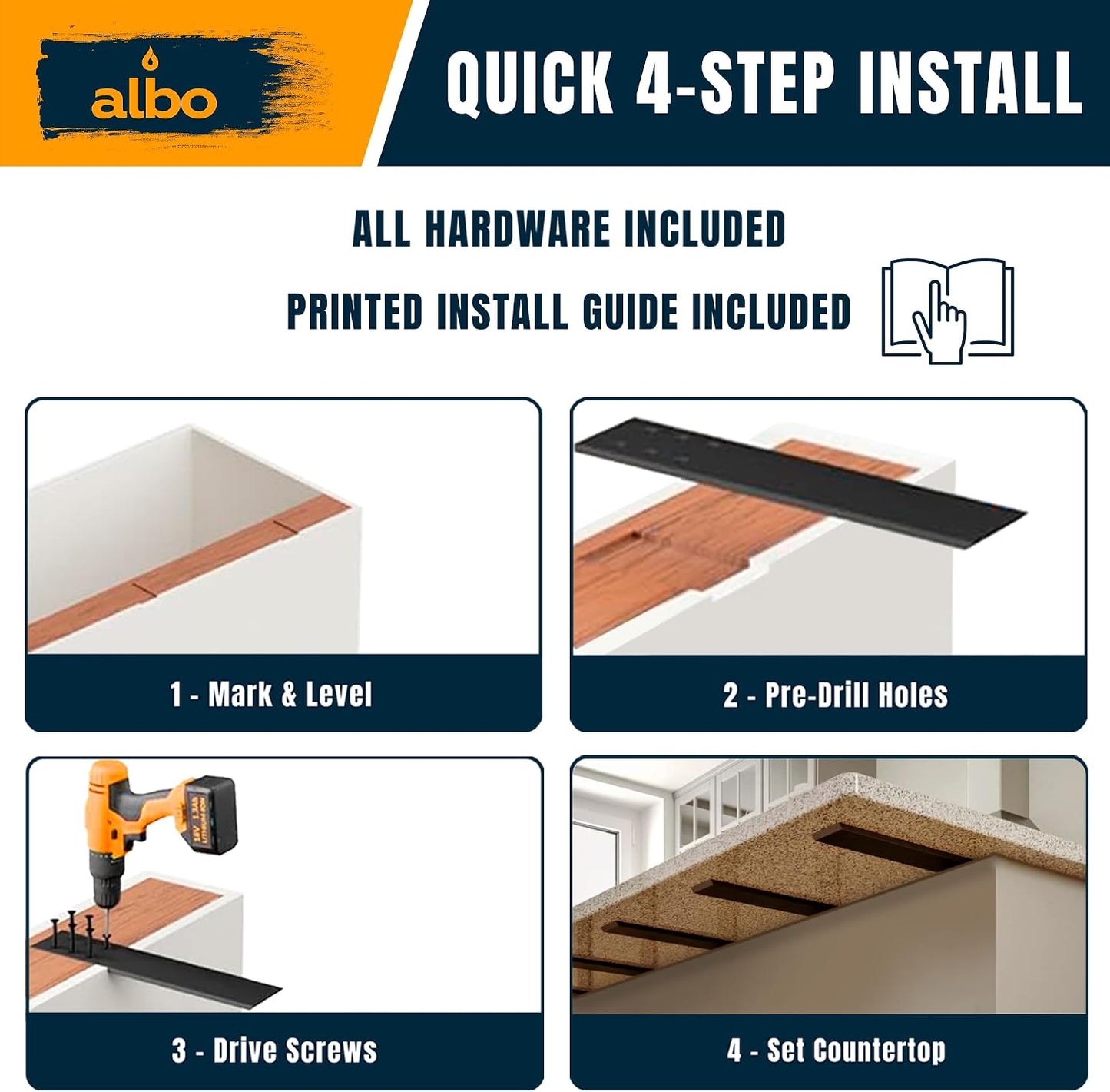 ALBO 12" Heavy Duty Flat Countertop Support Brackets, 4-Pack - 1/4" Steel Hidden Flush-Mount Corbel, Matte Black
