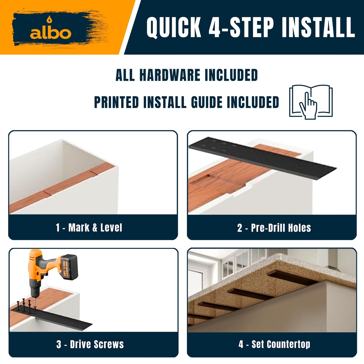 ALBO 16" Heavy Duty Flat Countertop Support Brackets 4 PCS, 300 lb 1/4" Steel - Hidden Flush-Mount Corbel | Matte Black Powder-Coated with Screws for Quartz Granite Wood Kitchen Island Bar Tops