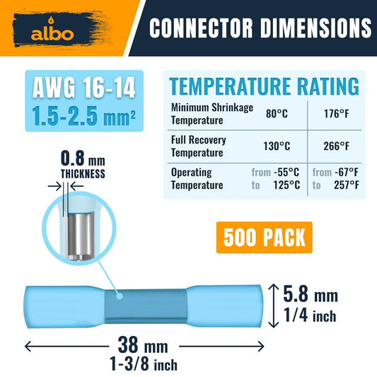 ALBO Heat Shrink Butt Connectors 16-14 AWG, Splice Connectors 1.5-2.5 mm?? Gauge, Blue, Pack 500 pcs