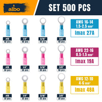 ALBO 500PCS Heat Shrink Ring Terminal Kit – Wire Terminal Connectors Assortment for 22-10 AWG, Waterproof Electrical Connectors Set – Tinned Copper Electrical Ring Terminals
