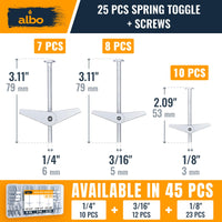 ALBO 25-Piece Heavy Duty Hollow Wall Anchors Kit for Drywall Ceilings with Screw Spring/Includes Toggle Bolts and Wing Nut Assortment in 3 Sizes (1/8in, 3/16in, 1/4in)