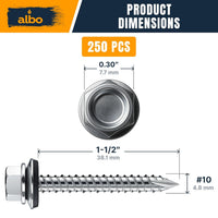 ALBO #10 x 1-1/2 inch Silver Carbon Steel Metal Roofing Screws 250pcs
