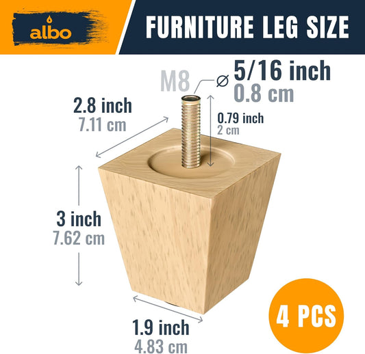 Albo Furniture Legs 3 inch Square Wooden 4pcs
