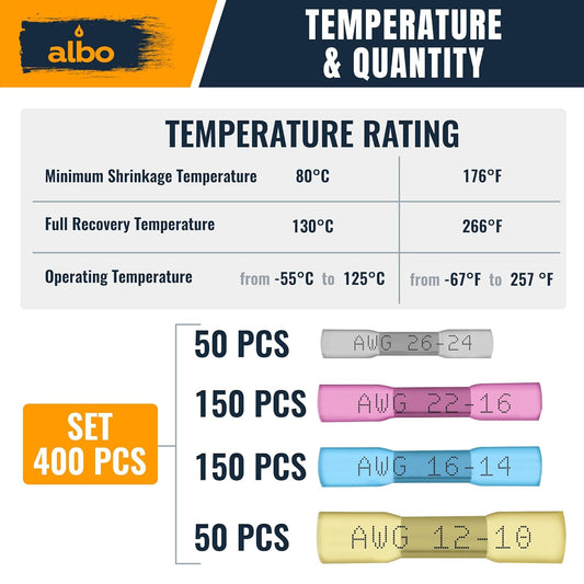 ALBO Heat Shrink Butt Connectors 26-10 AWG, Splice Connectors 0.2-6 mm?? Gauge, Set 4 Colors, 400 pcs