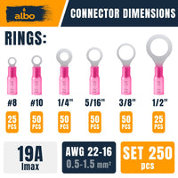 ALBO 250PCS Red Heat Shrink Ring Terminal Kit – 22-16 AWG Wire Terminal Connectors Assortment, 6 Sizes (#8, #10, 1/4", 5/16", 3/8", 1/2") – Waterproof Tinned Copper Electrical Ring Connectors