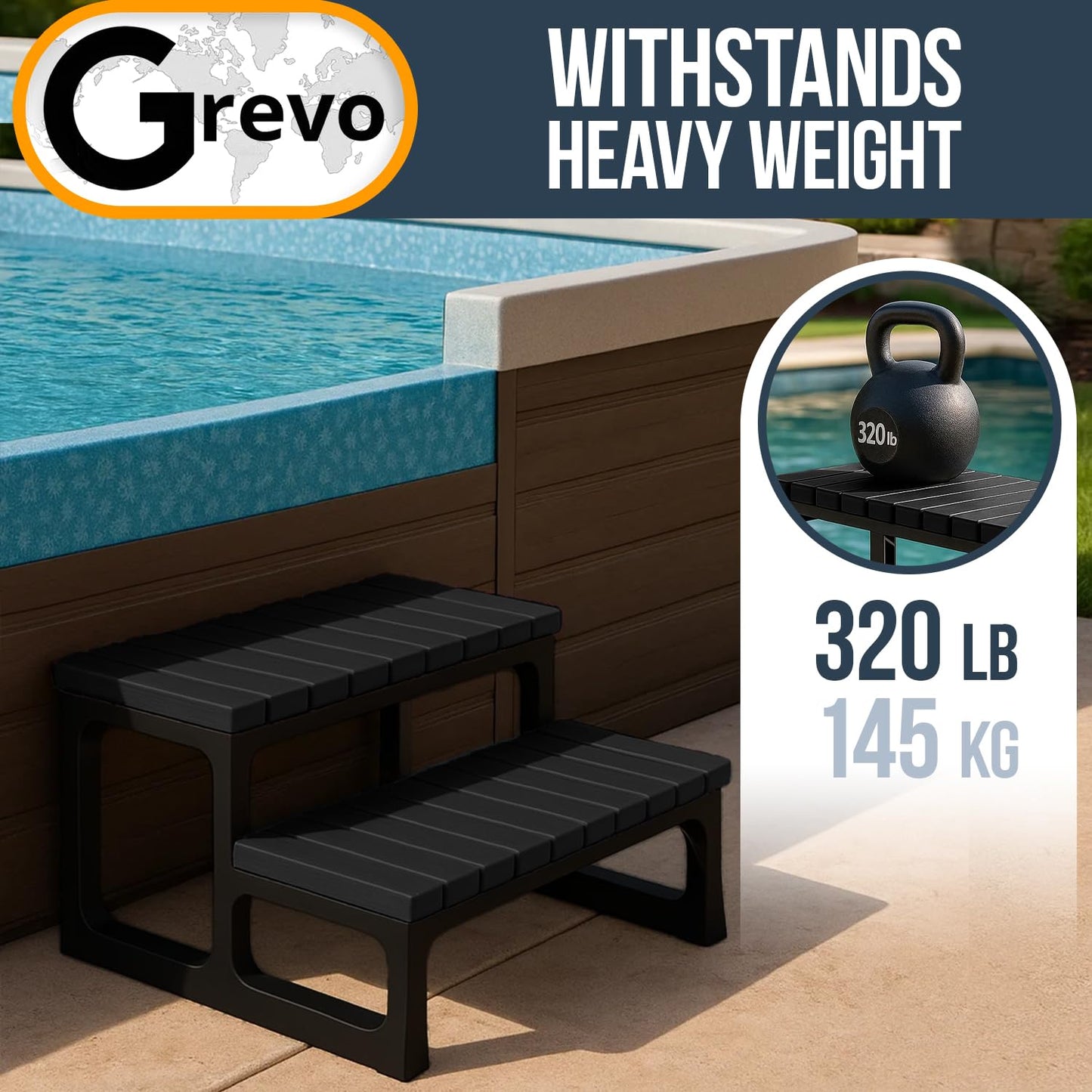 GREVO Hot Tub Steps/Spa Steps for Round or Straight Sided Spa, Non-Slip Steps for Outdoor/Indoor (Black)