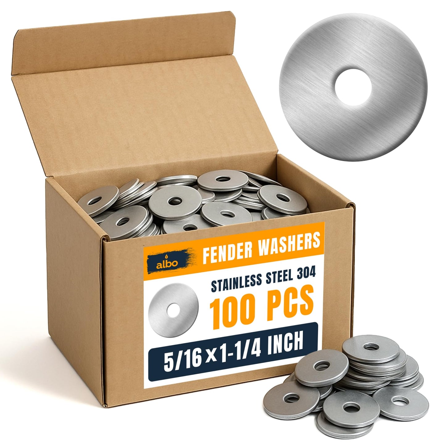 ALBO 100 Pcs Stainless Steel Fender Flat Washers 5/16" x 1-1/4" for Bolts and Screws, Heavy Duty 304 Stainless Steel Hardware for Industrial & Home Use