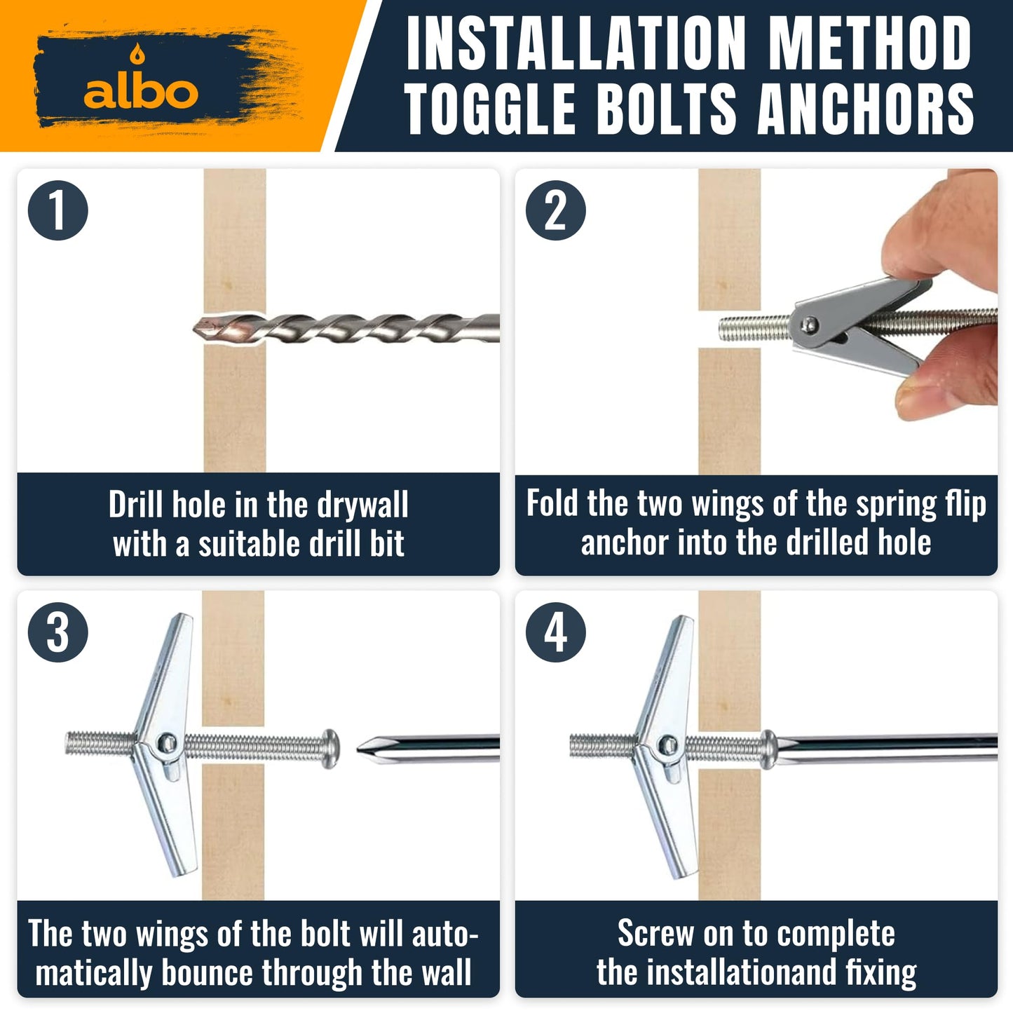 ALBO 45-Piece Heavy Duty Hollow Wall Anchors Kit for Drywall Ceilings with Screw Spring/Includes Toggle Bolts and Wing Nut Assortment in 3 Sizes (1/8in, 3/16in, 1/4in)