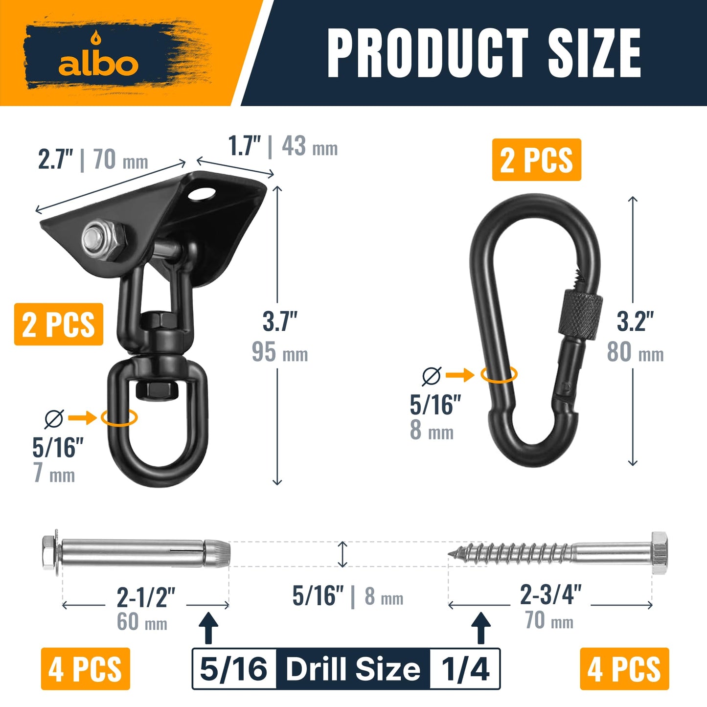 Albo Heavy Duty Swing Hangers 2 Pack, 2650 LBS, 360° Swivel Ceiling Mount Black