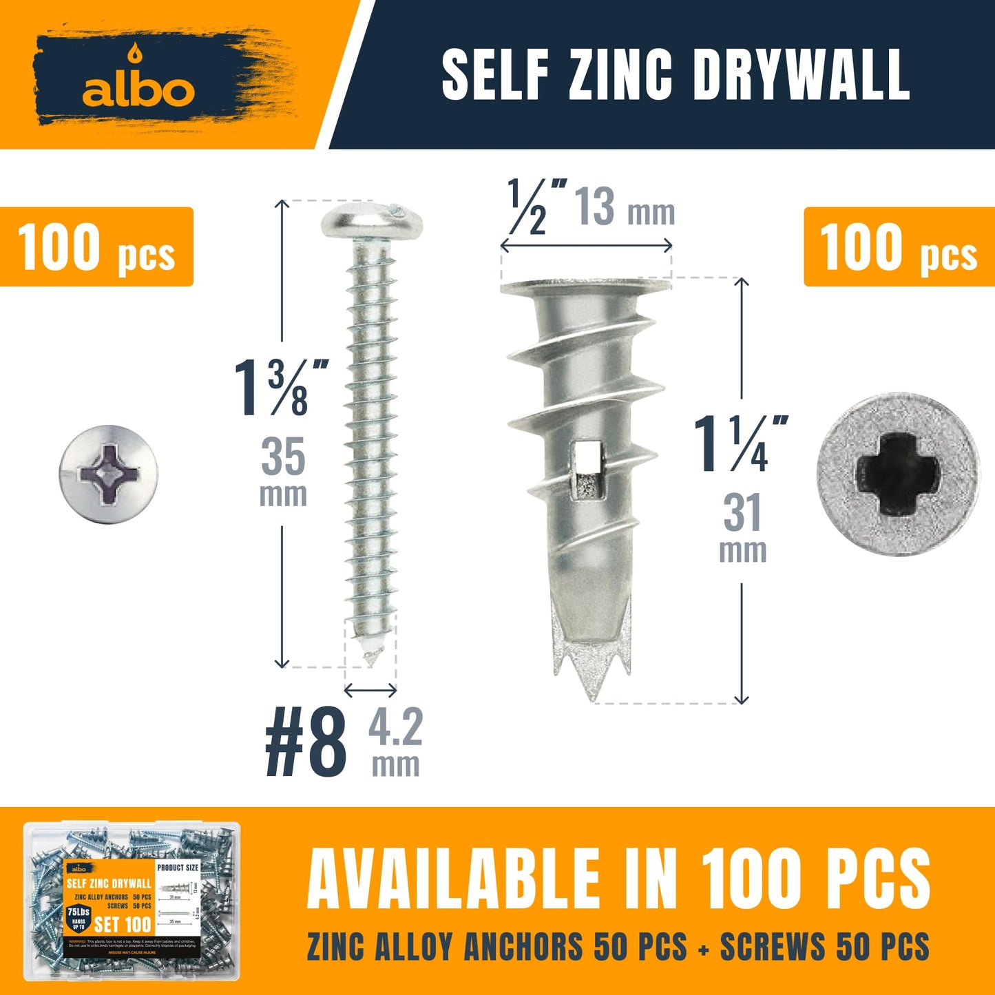 ALBO #6 Zinc Self-Drilling Drywall Anchors, 200PC Set – Includes 100 Heavy Duty Sheetrock Anchors & 100#6 x 1-1/4'' Screws – 75LB Capacity for Hanging and Mounting