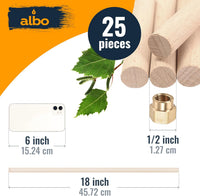 ALBO 1/2" x 18" Wooden Dowel Rods, Birch Natural Hardwood Rods, 25 pieces