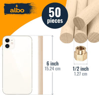 ALBO 1/2" x 6" Wooden Dowel Rods, Birch Natural Hardwood Rods, 50 pieces