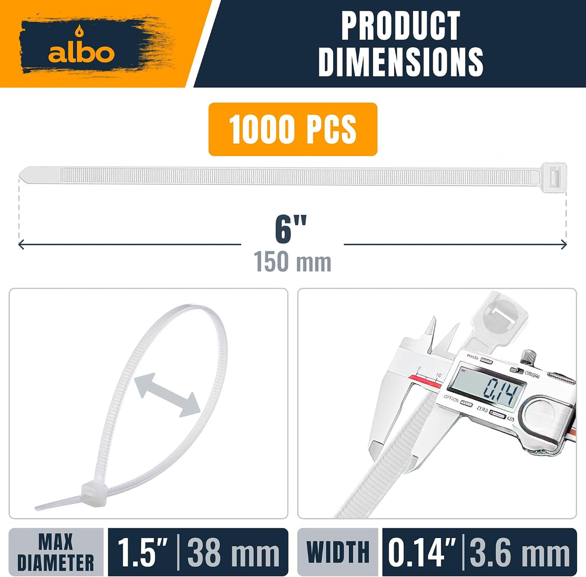 ALBO 1000 Pcs. White Zip Ties, 6 Inch, Heavy Duty, 40 lb Tensile Strength